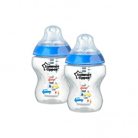 Comprar TOMMEE TIPPEE BIBERÓN ANTICÓLICOS AZUL COCHECITOS FLUJO LENTO 2X260 ML