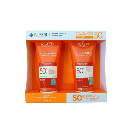 Comprar rilastil duplo sun system leche vellutato 2x200 ml al mejor precio en Farmacia4Estaciones, tu farmacia online Comprar rilastil duplo sun system leche vellutato 2x200 ml
